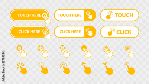 Clickable Web Buttons with Cursor Pointer Icon. Web Site Button Set Collection. Call for Action Click and Touch Button. Vector Illustration.