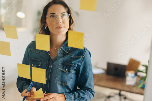Brainstorming session: Businesswoman generating ideas using sticky notes photo