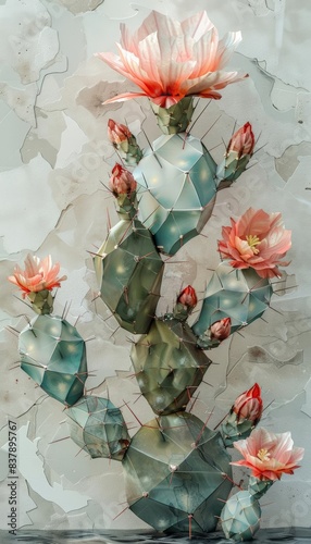 3d realistic a Cactus blossom bouquet of textured metal origami photo