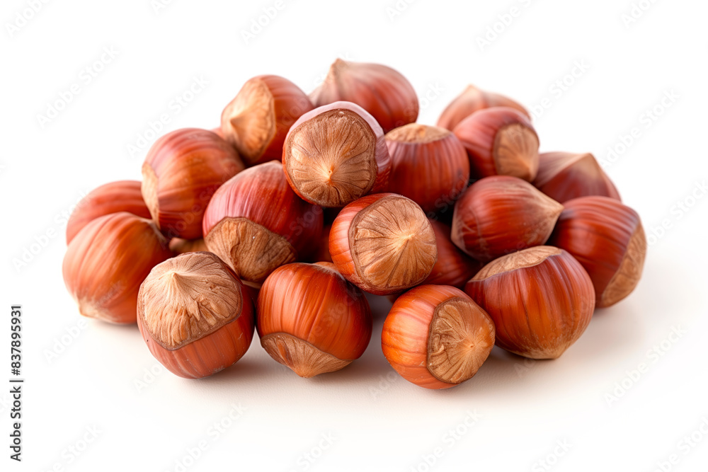 Close-up of shelled and unshelled Hazelnut nuts isolated on a white background, showcasing their texture Close-up of shelled and unshelled Hazelnut nuts isolated on a white background, showcasing their texture