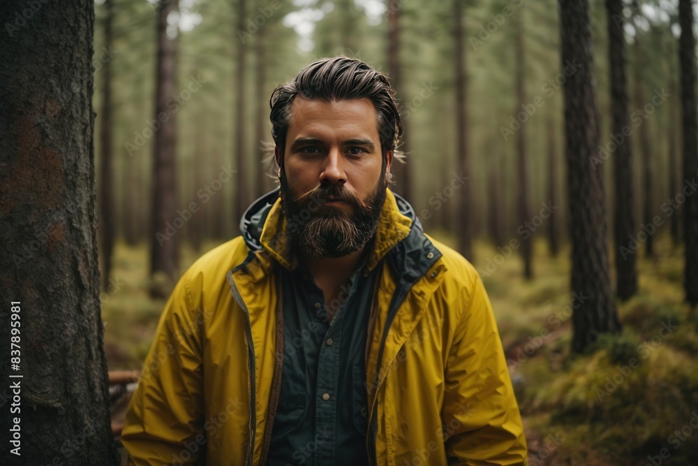 Man in yellow jacket with backpack in dense forest Man in yellow jacket with backpack in dense forest