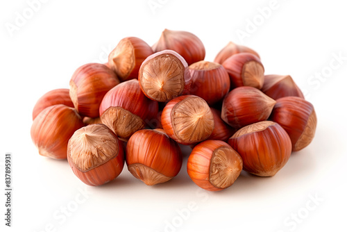 Close-up of shelled and unshelled Hazelnut nuts isolated on a white background, showcasing their texture