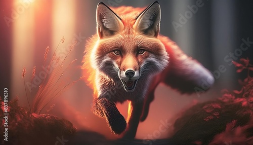A graceful fox running through an enchanted forest  illuminated by warm  magical light. The ethereal atmosphere and vibrant colors highlight the fox s agility and beauty.