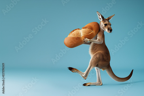 the kangaroo is holding a large loaf of bread, the background is blue