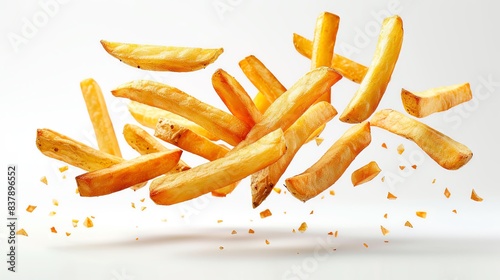 Golden brown french fries in mid-air, falling against a white background.  The perfect image for your next fast food advertisement or menu. photo