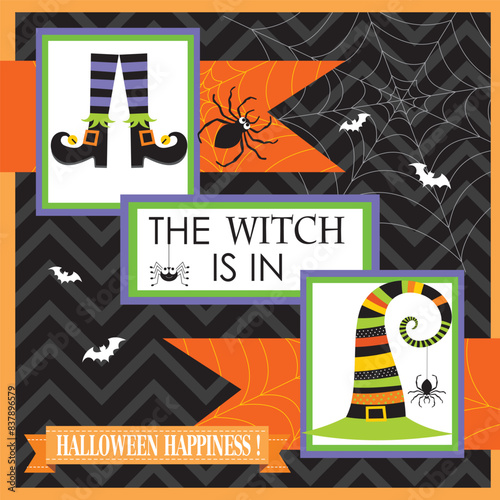 Happy Halloween card design with witch hat and elfish boots photo