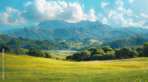 Mountain landscape with lush green fields and blue sky