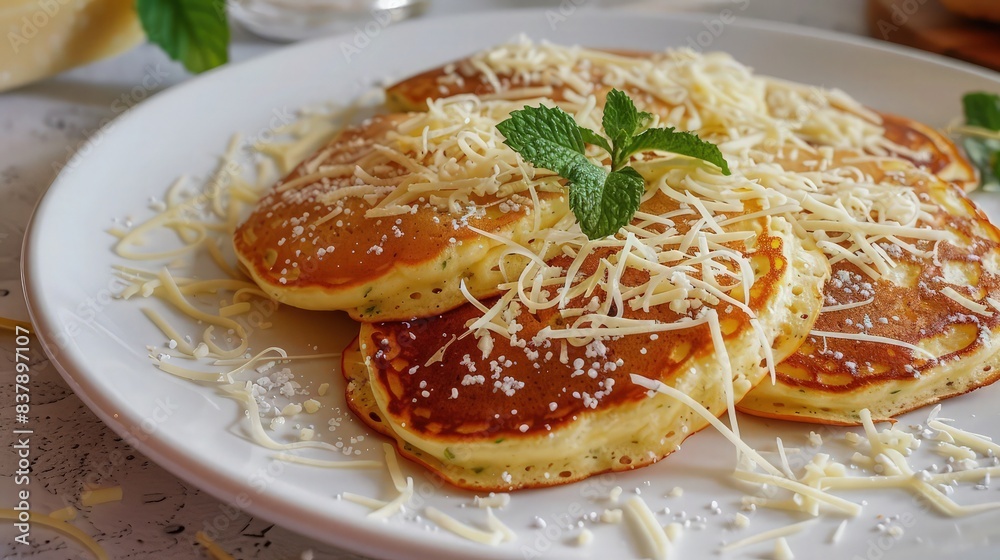 cheese and mint pancakes on a white plate. cheese and mint pancakes on a white plate.
