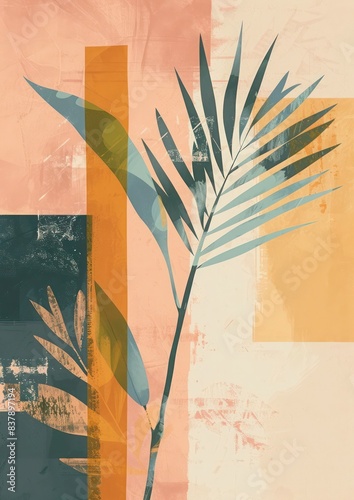 Boho Vector Art Wall Print: Nature Illustration with Minimalistic Colour Blocking, Arabesque Vexel Art, Pixelated Mosaic in Soft Pastel Colours