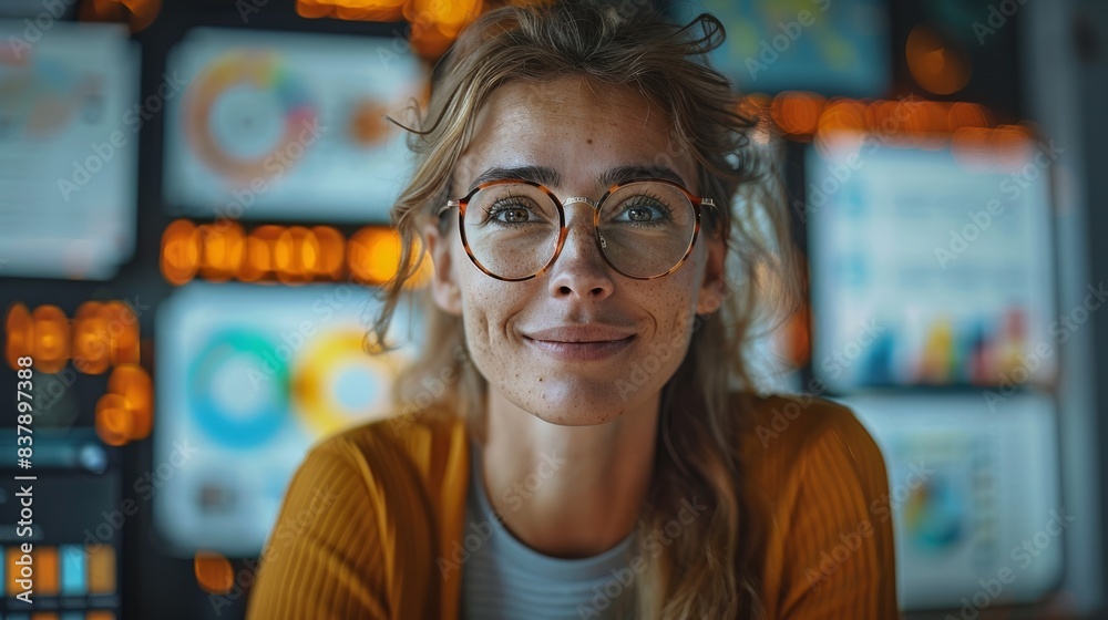 A creative digital marketer, deeply engrossed and smiling, surrounded by vibrant screens displaying successful e-commerce campaigns. Generative AI. A creative digital marketer, deeply engrossed and smiling, surrounded by vibrant screens displaying successful e-commerce campaigns. Generative AI.