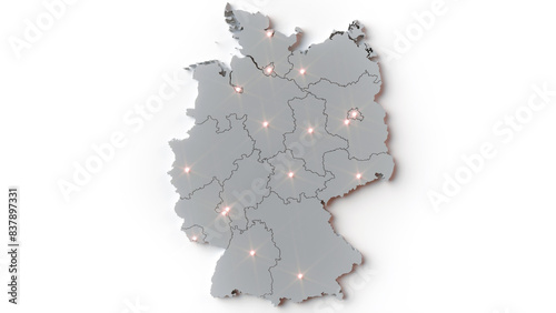 3D Rendering of Germany Map with State Capitals Highlighted