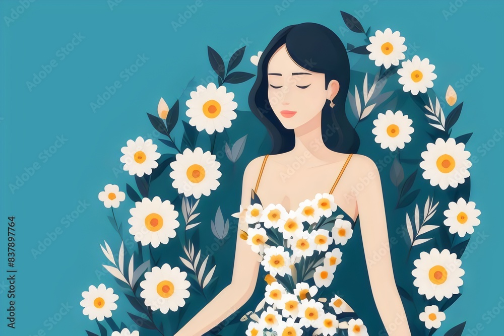 an illustration cartoon t-shirt vector design of a beautiful young woman surrounded by flowers and plants, lady, Nature, beauty, floral, botanical, feminine, vibrant, whimsical, blooms, petals an illustration cartoon t-shirt vector design of a beautiful young woman surrounded by flowers and plants, lady, Nature, beauty, floral, botanical, feminine, vibrant, whimsical, blooms, petals