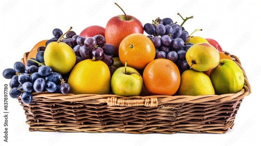 Composition with assorted fruits in wicker basket isolated on white. Composition with assorted fruits in wicker basket isolated on white.