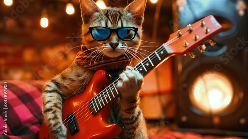 A funky cat in colorful glasses and a retro outfit, playing a groovy tune on a guitar, with a disco ball above.