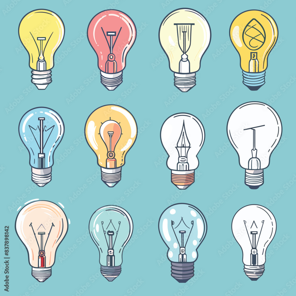 Creative lightbulbs illustrations showcasing various concepts ideas, lightbulb has unique symbol representing creativity innovation. Pastel background enhances colorful design lightbulbs Creative lightbulbs illustrations showcasing various concepts ideas, lightbulb has unique symbol representing creativity innovation. Pastel background enhances colorful design lightbulbs