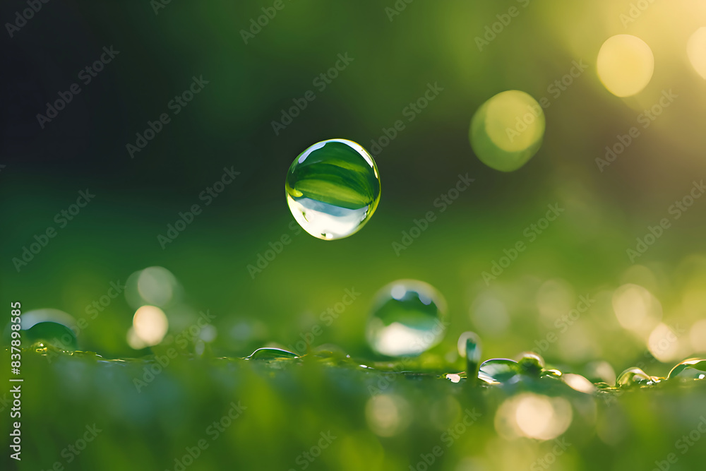 Close-Up of Dew Drop Reflecting Green Leaves in Morning Light Close-Up of Dew Drop Reflecting Green Leaves in Morning Light