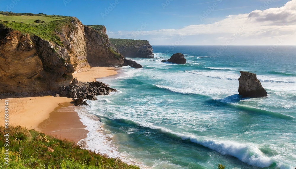 A scenic coastal landscape with cliffs, a sandy beach, and waves crashing against the shore. AI generated