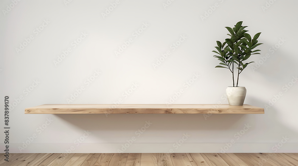 Wood floating shelf on white wall with wooden floor. Modern interior, decorated with wood Wood floating shelf on white wall with wooden floor. Modern interior, decorated with wood