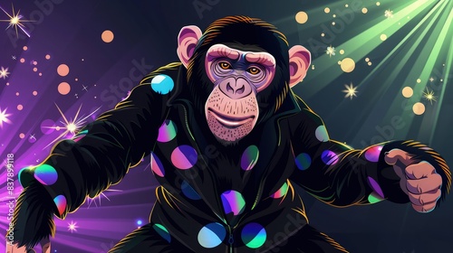 monkey dj in action on bokeh lights background 