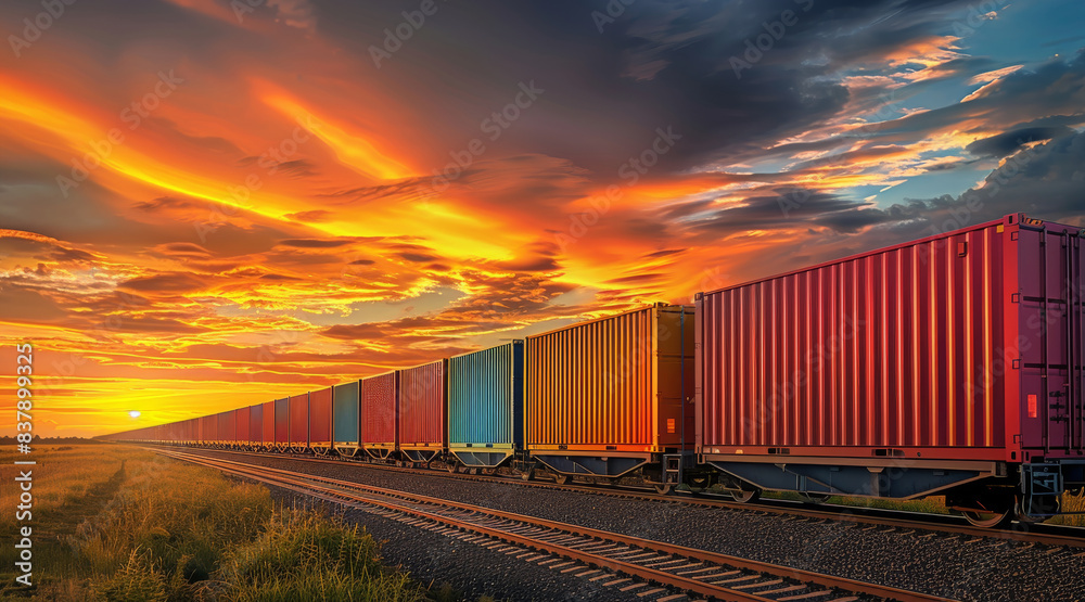 Fototapeta premium A colorful train with cargo containers is moving along the railroad tracks against a sunset sky background. Generative AI.