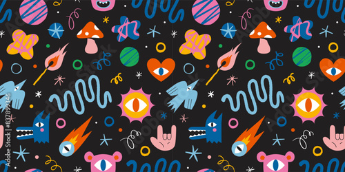 Seamless pattern with funny cartoon shapes and characters like bird, monsters, curves and stars. Trendy modern vector illustration on black background, hand drawn, textured effect, flat design