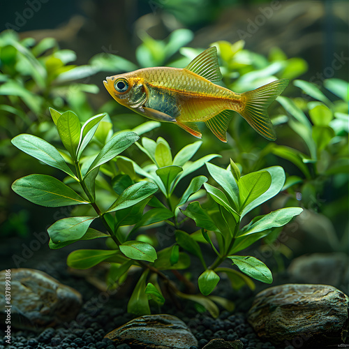 a green beautiful planted tropical freshwater aquarium with fishes.a congo tetra, phenacogrammus interruptus, with water plants isolated on white background, professional photography, png photo