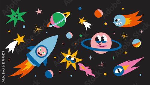 Cute outer space set. Cosmic bundle with funny cartoon characters, spaceships, planet, comet and stars. Trendy modern vector illustration, hand drawn, flat design