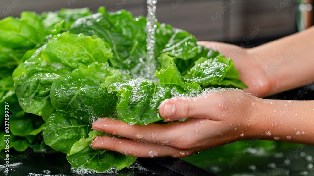 Close-up of hands washing fresh lettuce leaves under running water in a kitchen, ensuring cleanliness and hygiene for healthy eating.