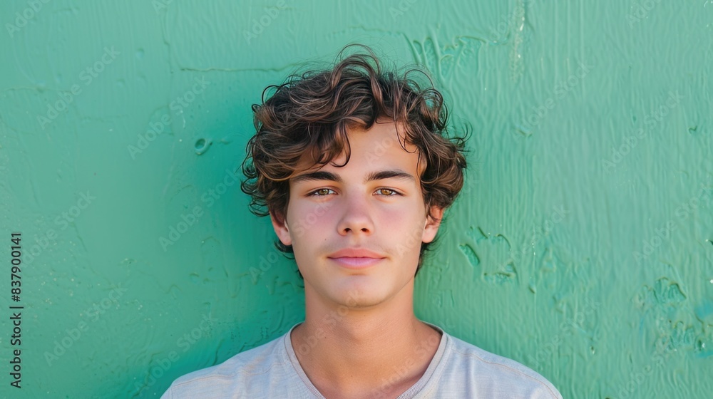 Obraz premium Handsome young man with curly hair in front of a green background wall.