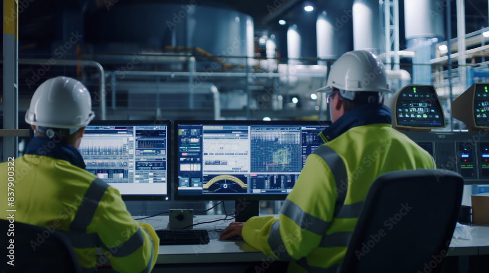 Two engineers wearing hard hats and safety vests are seated in front of computer monitors, monitoring a manufacturing process in a factory. The monitors display various data and graphs related to the Two engineers wearing hard hats and safety vests are seated in front of computer monitors, monitoring a manufacturing process in a factory. The monitors display various data and graphs related to the