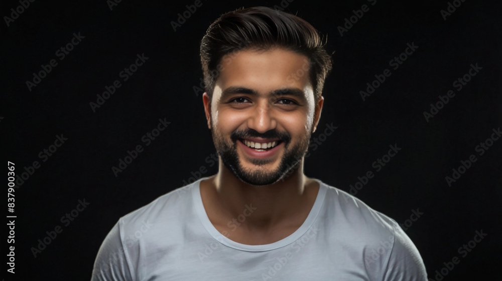Fototapeta premium portrait of a man or bodybuilder smiling with Ashe color background wearing a Solid with half sleeve t-shirt