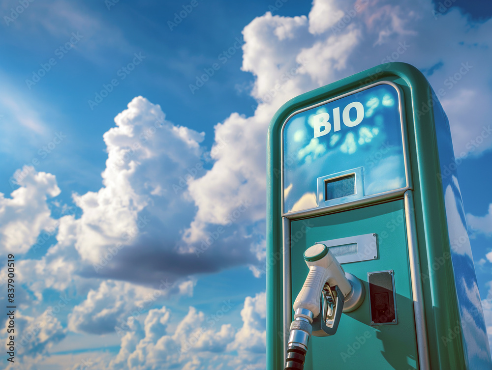 Fototapeta premium BIO fueling station, fuel dispenser and pump in front of blue sky and clouds. Eco-friendly fuel for vehicle. Reducing gas emission.