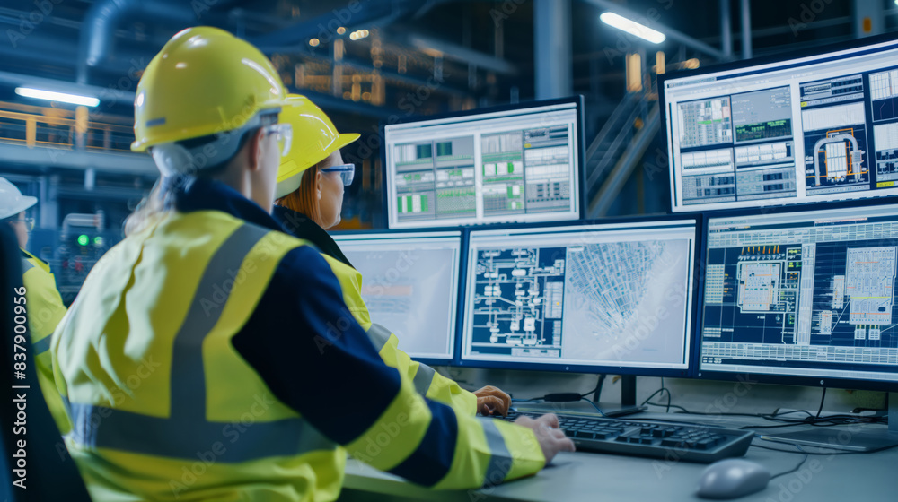 Two engineers in hard hats and safety vests monitor manufacturing processes on a bank of computer screens in a modern industrial facility. The screens display data and visualizations related to Two engineers in hard hats and safety vests monitor manufacturing processes on a bank of computer screens in a modern industrial facility. The screens display data and visualizations related to