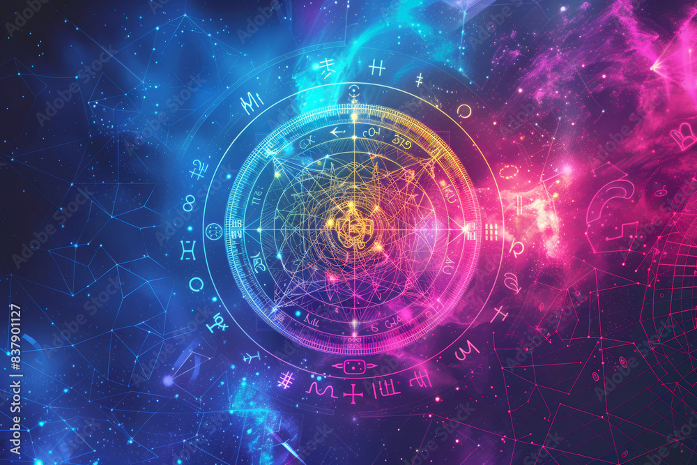 Obraz premium Illuminated celestial chart with vibrant constellation designs.