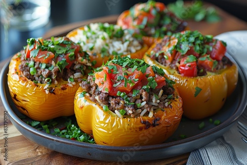 Stuffed Peppers - Bell peppers stuffed with ground beef, rice, and tomato sauce.
