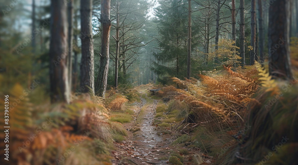 Obraz premium A panoramic image with beautiful forest for hiking activities. Generative AI.
