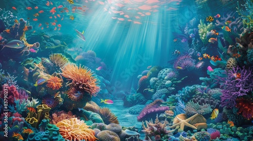 Fototapeta Naklejka Na Ścianę i Meble -  A colorful underwater scene with many fish and coral. Scene is vibrant and lively, with the bright colors of the fish and coral creating a sense of energy and movement