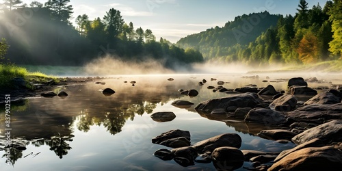 Misty morning in Vermont with water droplets on rocks creative banner image. Concept Nature Photography, Vermont Landscapes, Water Droplets, Creative Banner Image, Misty Morning photo