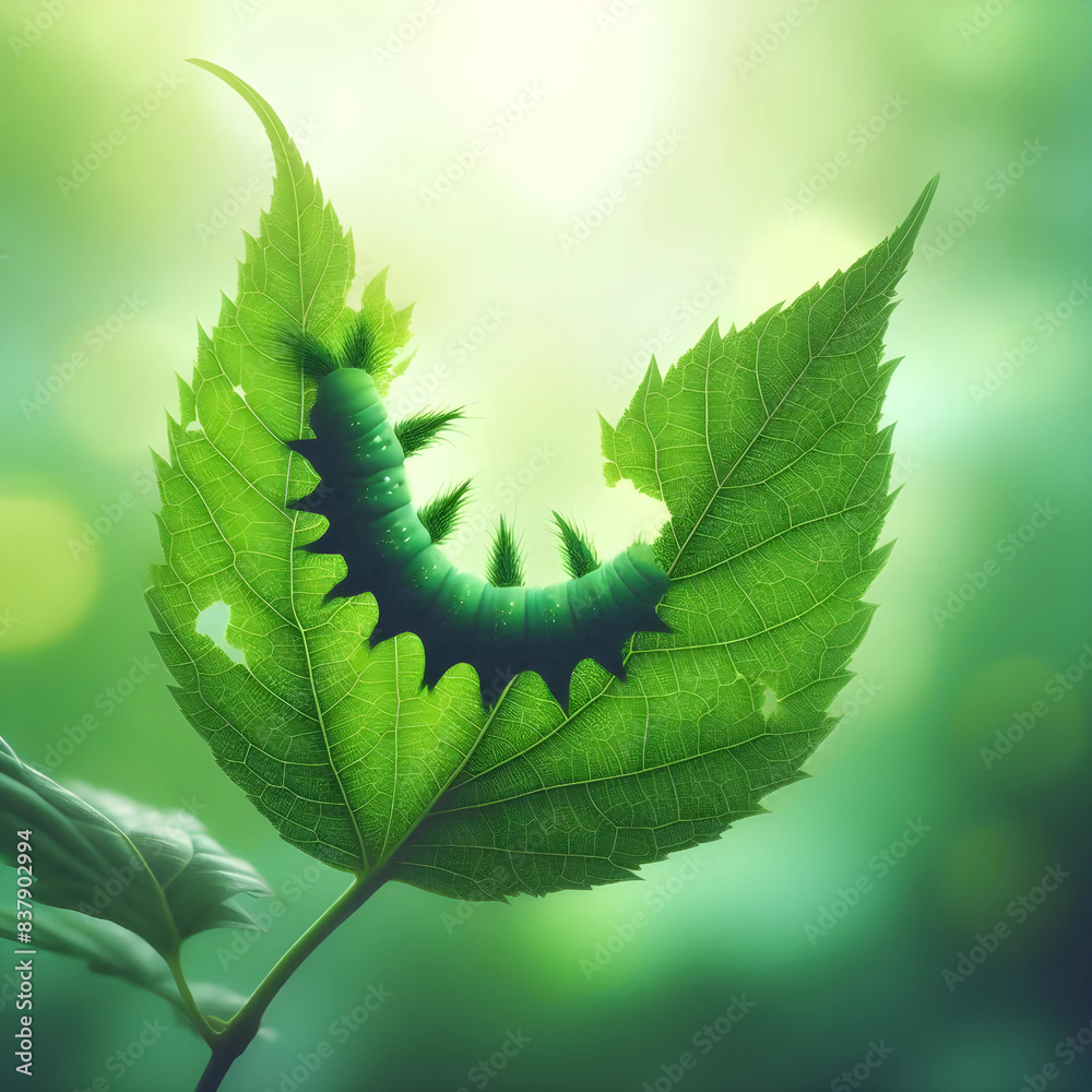 Fototapeta premium caterpillar feasting on leaf, leaf consumed by caterpillar