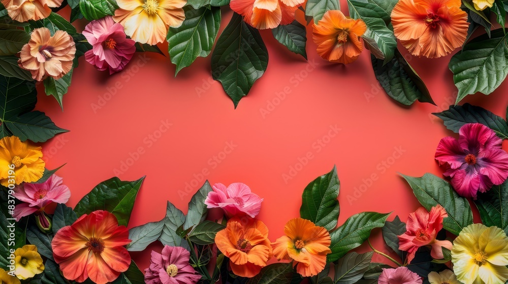 Bright and cheerful floral illustration on a pink background, featuring a variety of colorful flowers and leaves. Perfect for spring or summer themes. Bright and cheerful floral illustration on a pink background, featuring a variety of colorful flowers and leaves. Perfect for spring or summer themes.