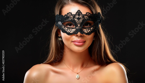 pretty woman with a mask in lace underwear isolated on black background 