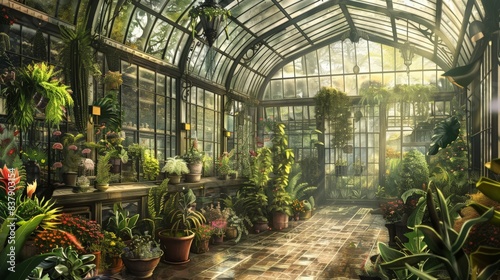 A large greenhouse filled with plants and flowers