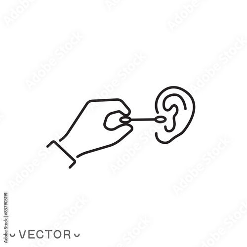 ear cleaning from wax icon, cotton swab stick, thin line symbol isolated on white background, editable stroke eps 10 vector illustration