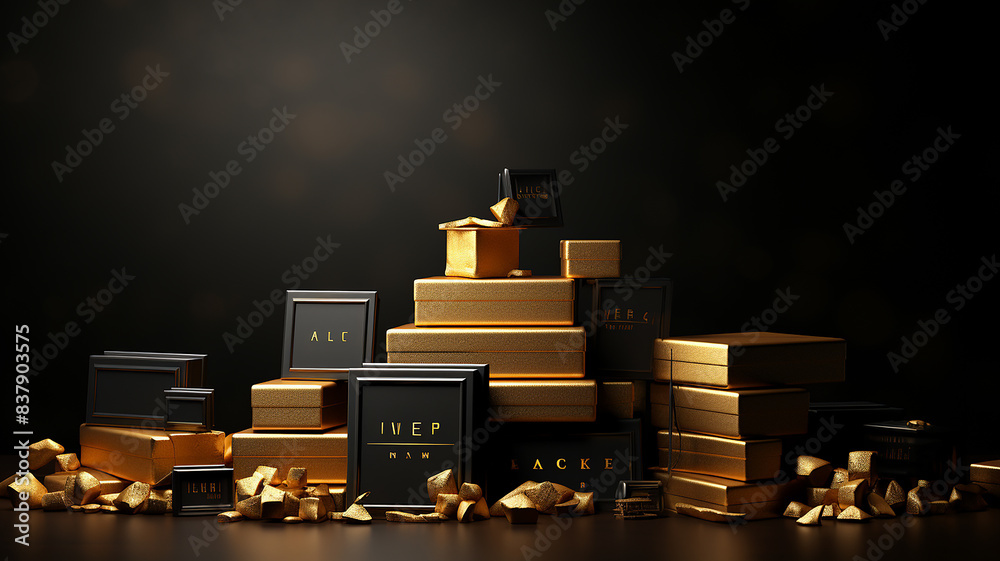 Black Friday sale inscription gold lettering on black background, design template, Generative AI. Black Friday sale inscription gold lettering on black background, design template, Generative AI.