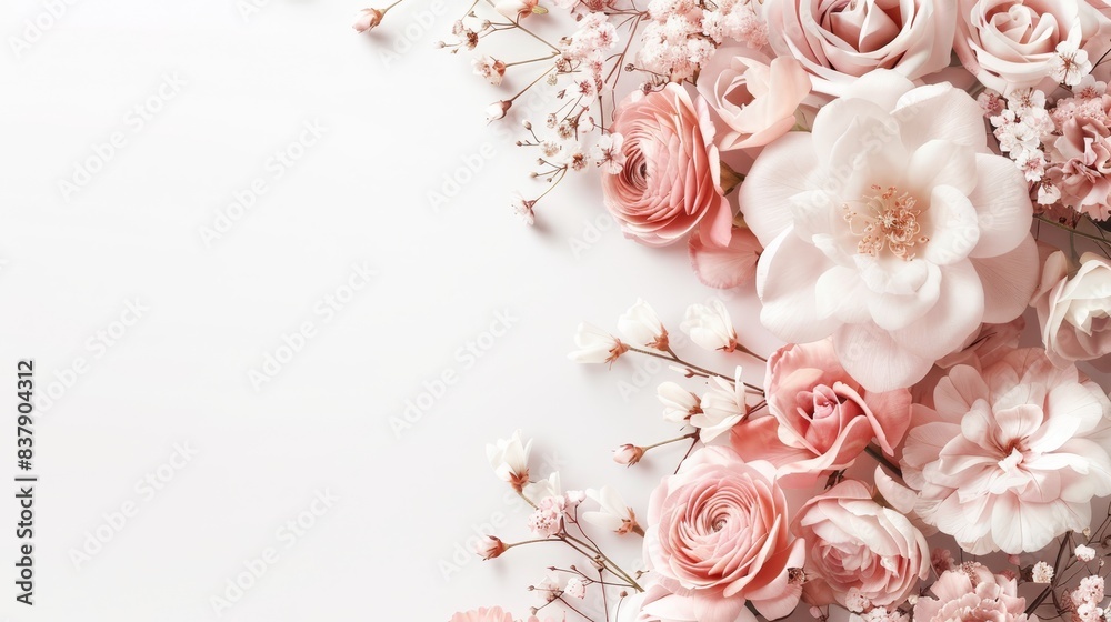 Luxurious bouquet of pastel flowers including roses, dahlias, and hydrangeas on a white background, creating a romantic and elegant arrangement.