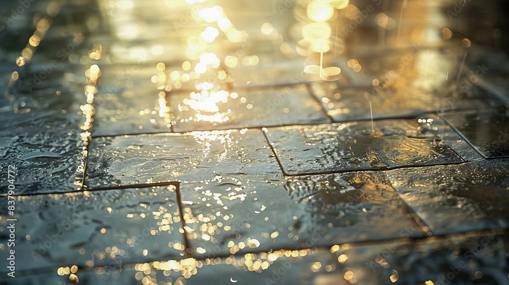 Close-up of wet cobblestone pavement reflecting sunlight after rain, capturing the beautiful interplay of light and water. Close-up of wet cobblestone pavement reflecting sunlight after rain, capturing the beautiful interplay of light and water.