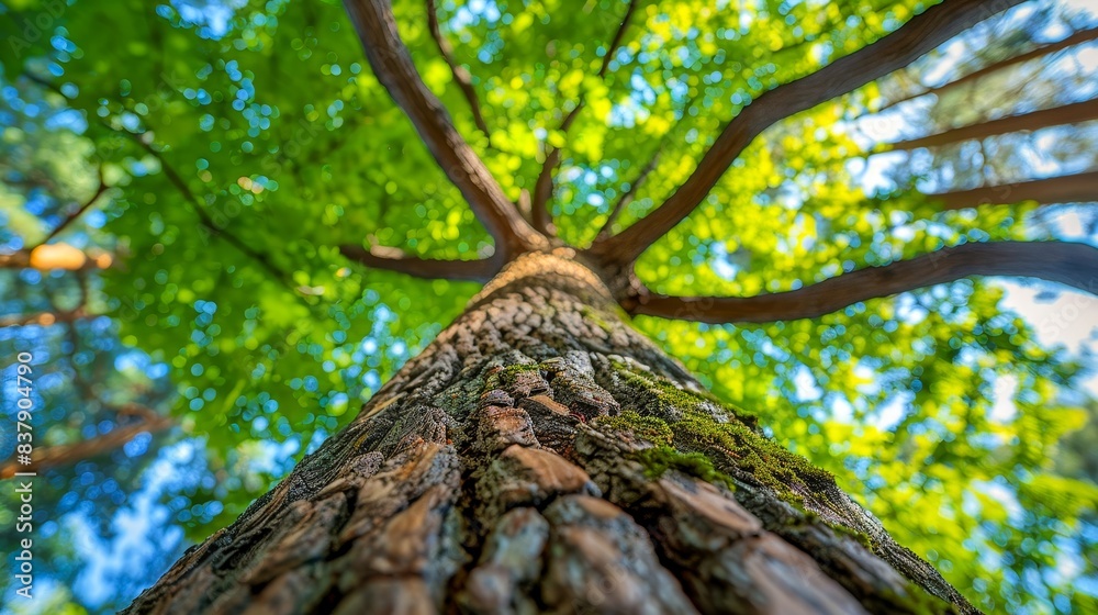 Naklejka premium Close-up view of a tree trunk with green leaves and bright sunlight filtering through, representing nature and growth.