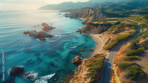 A beautiful coastal road. aerial viewpoint, showing a distant perspective of the scene. The road run alongside the stunning coastline, natural light. Generative AI. photo