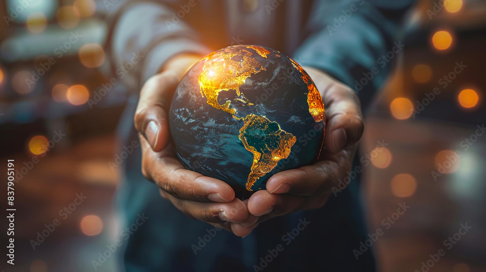 Fototapeta premium Hands holding illuminated globe, symbolizing global connection, unity, and environmental awareness. Background with bokeh lights.