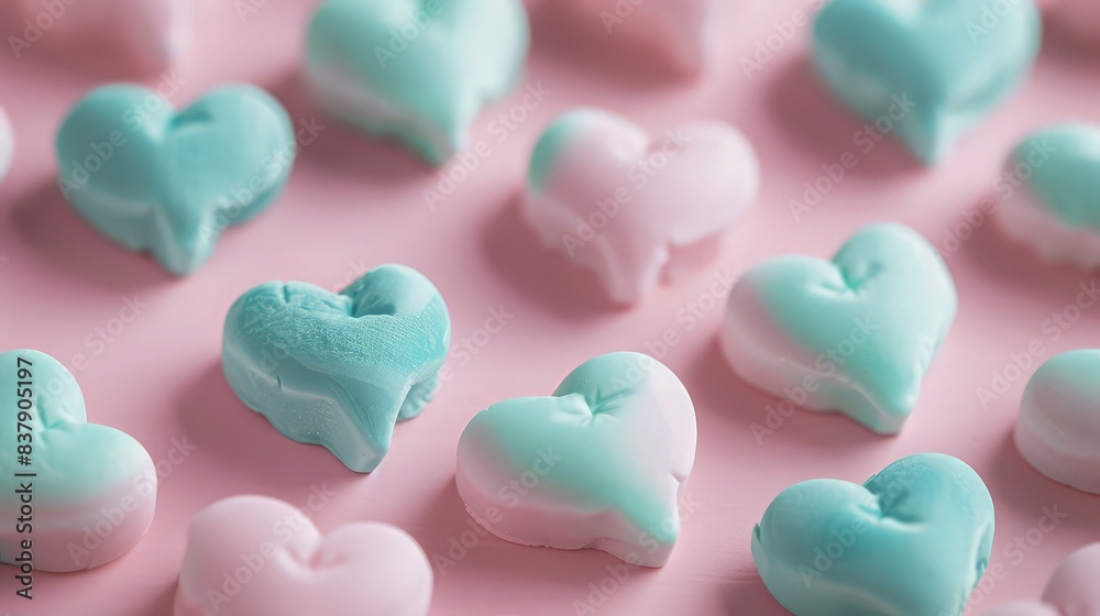 Soft baby pink background with teal hearts, close-up view. Soft baby pink background with teal hearts, close-up view.